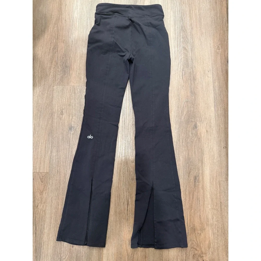Alo Yoga Women Black High Waist Front Slit Flare Leggings Yoga Pants Size S
